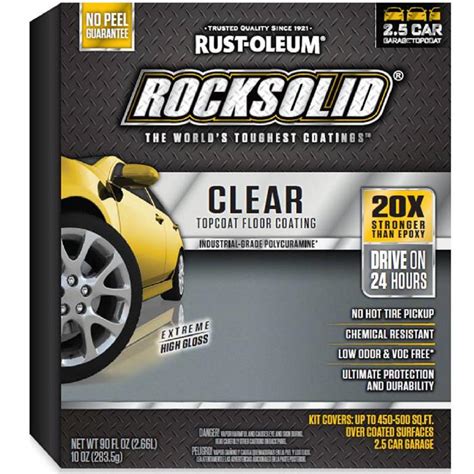 Rock solid clear coat - The best clear coat for garage floors is the RUST-OLEUM EpoxyShield Clear 292514 Premium, the Supercoat SC550, and the KILZ 1-Part L377711 Epoxy Acrylic. Skip to content. Menu. ... 100% solids epoxy coating. Covers around 250 square feet on bare concrete, and 500 square feet on painted garage floors. High-gloss finish. Comes with …